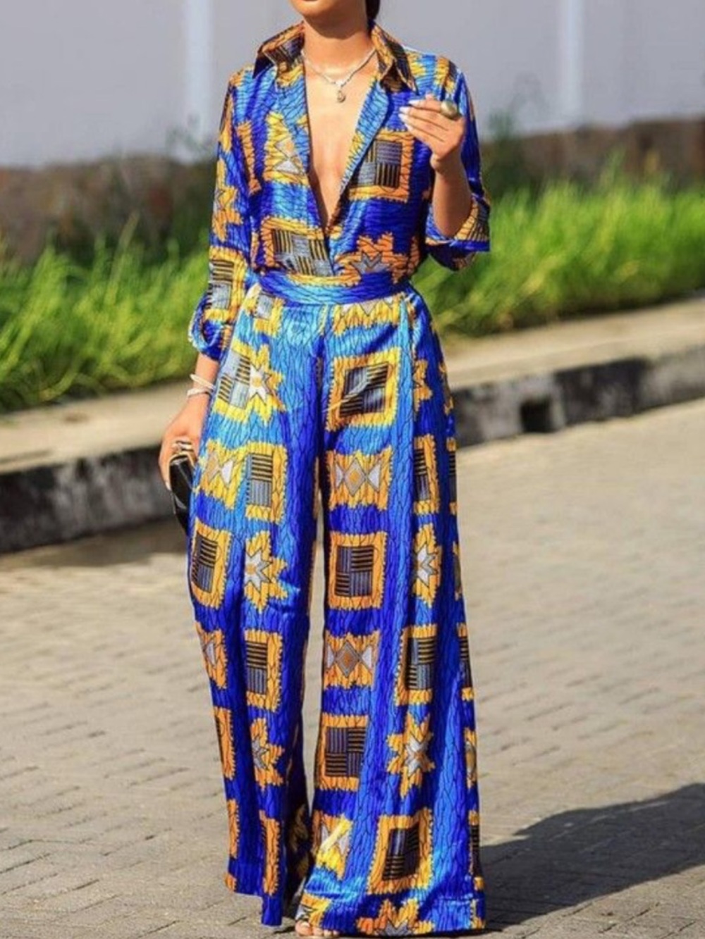 Tribal Blue & Gold Geometric Wide-Leg Jumpsuit - Picture 2 of 7